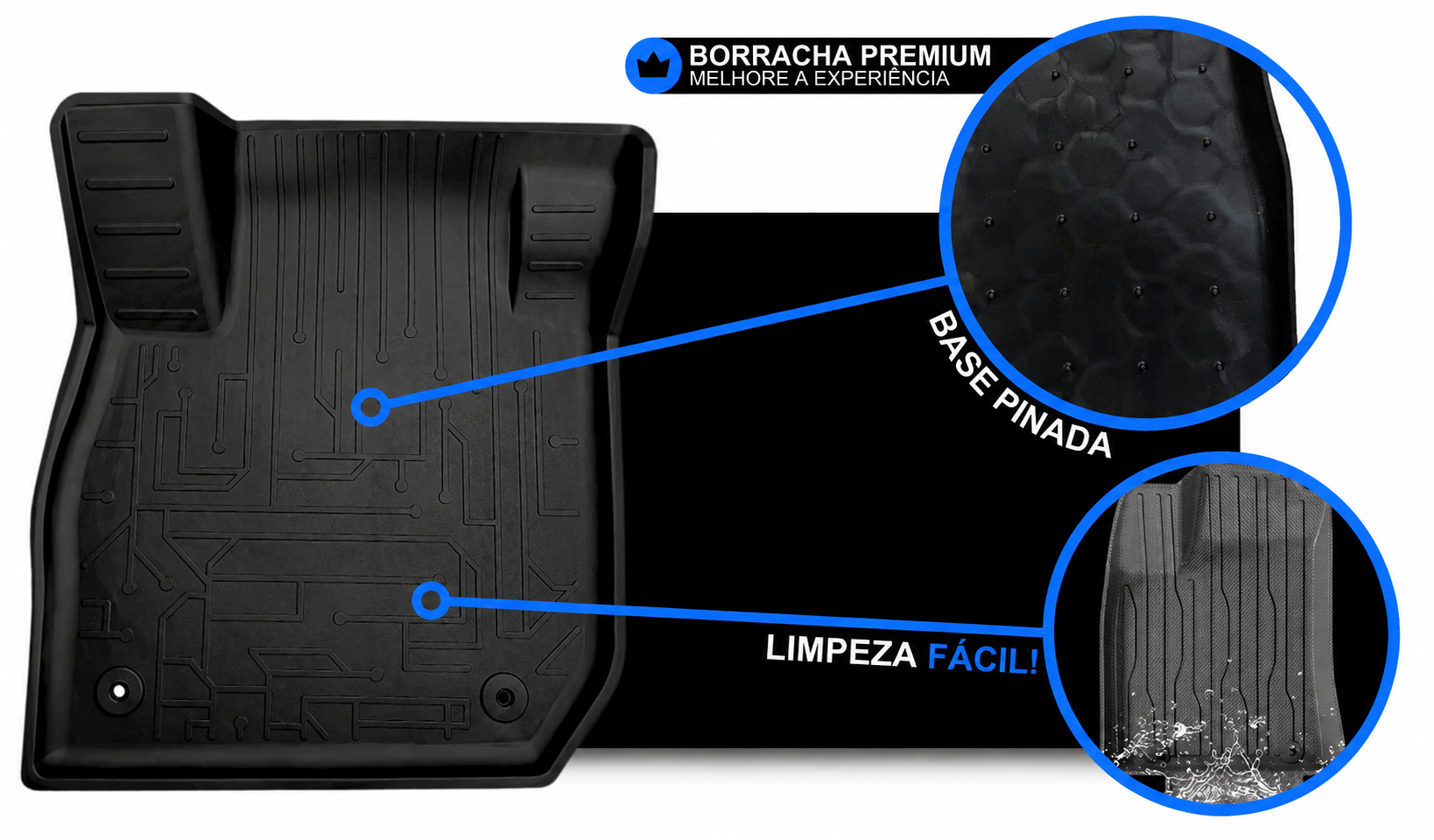 Tapete bandeja 3D Revesty preto com destaques de borracha premium, base pinada antiderrapante e limpeza fácil.