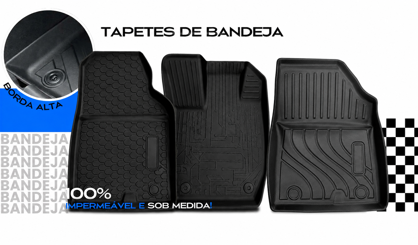 Três tapetes bandeja 3D lado a lado mostrando a borda alta, 100% impermeável e sob medida.
