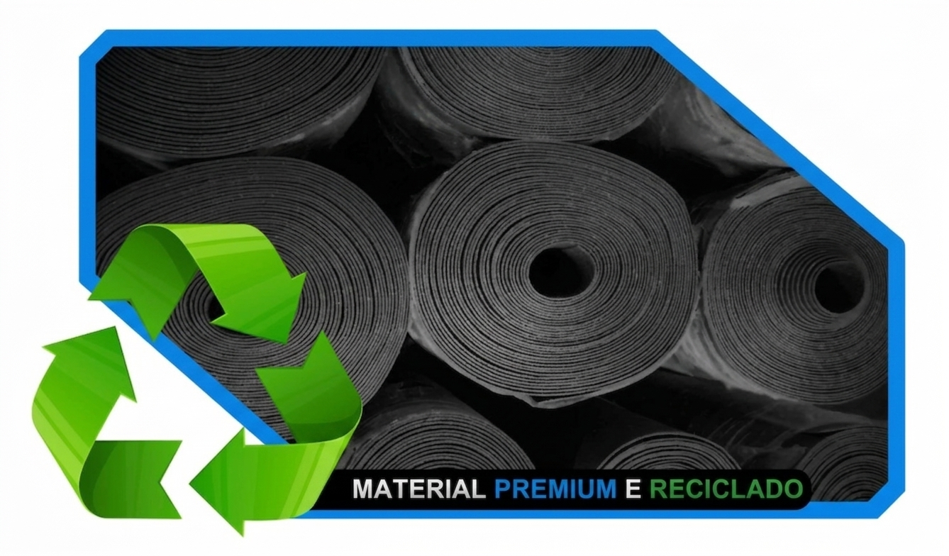 Material em borracha premium reciclada, de alta densidade e durável.